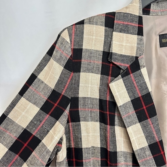 90s Vintage Requirements Linen Khaki Black Beige Red Checked Blazer Jacket Sz 10 - Picture 5 of 14